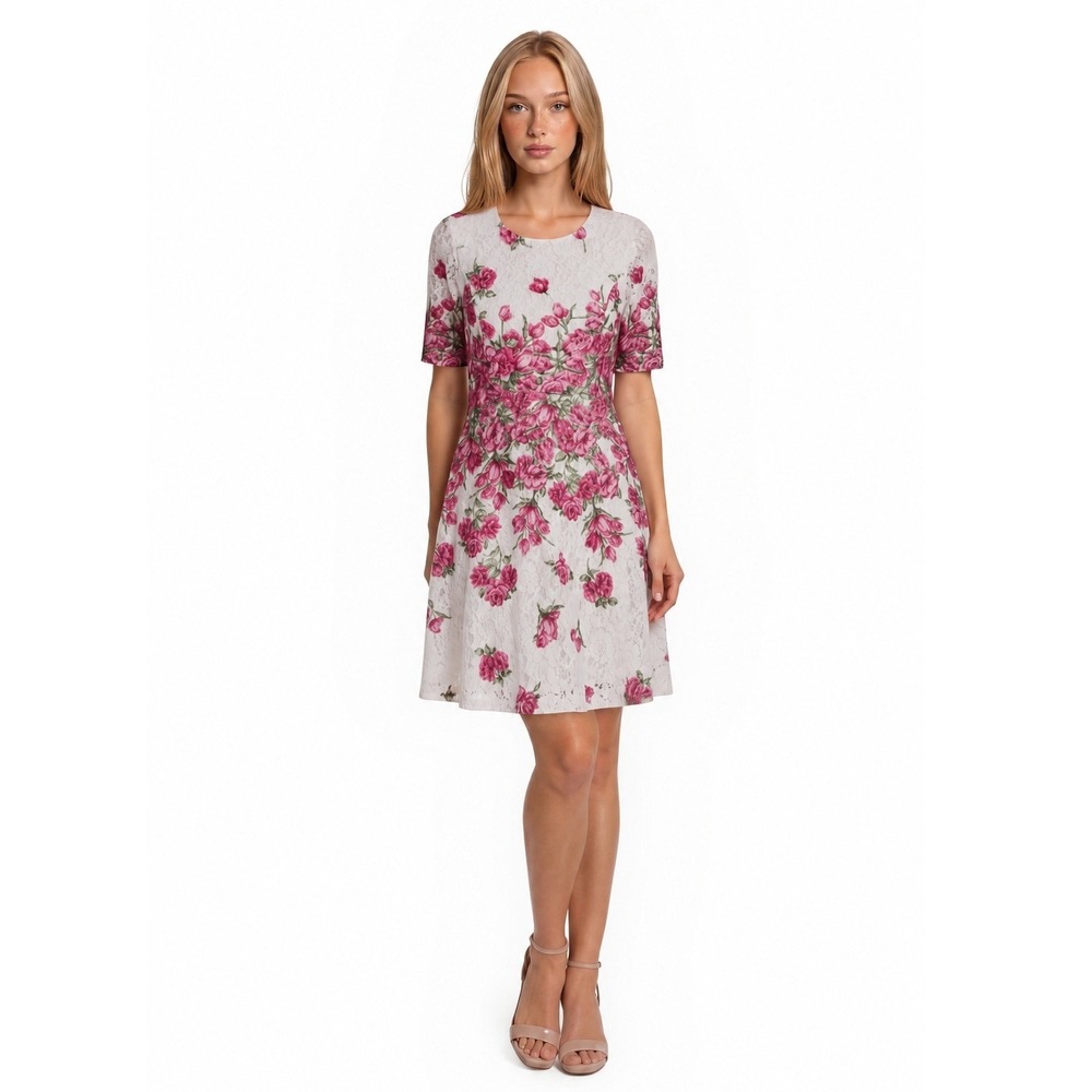 NEW Charter Club Lace Dress Women's Size Medium White Pink Floral Fit Flare Chic